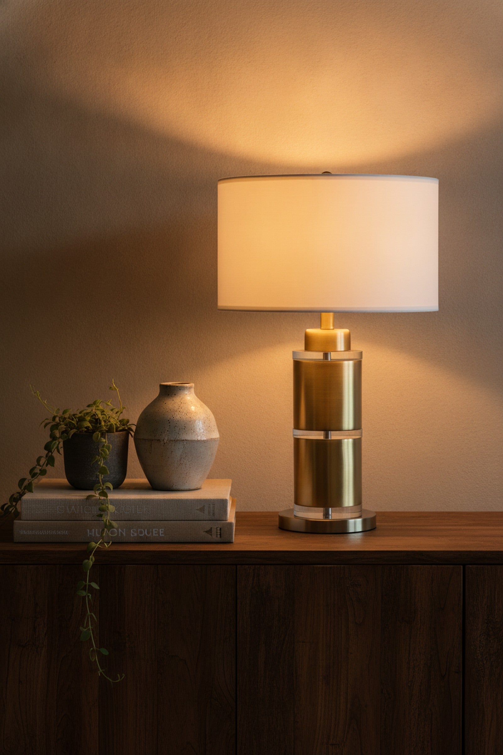 Gold & White Cylinder Table Lamp With Drum Shade — styled — Maison Bruxelle