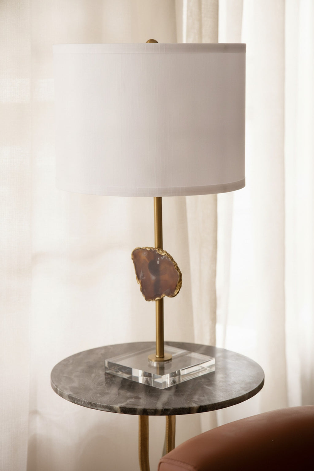 Gold Table Lamp, Agate Slice & White Drum Shade — detail — Maison Bruxelle