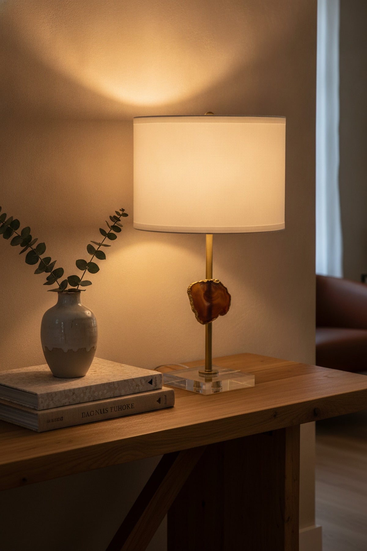 Gold Table Lamp, Agate Slice & White Drum Shade — styled in a Maison Bruxelle interior