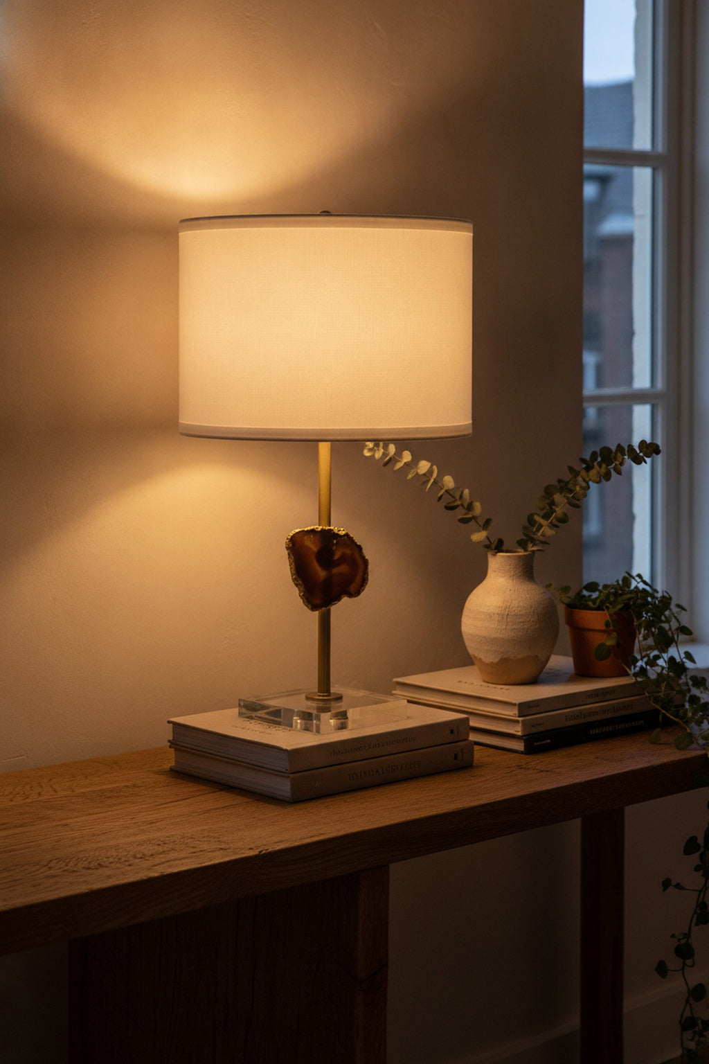 Gold Table Lamp, Agate Slice & White Drum Shade — styled — Maison Bruxelle