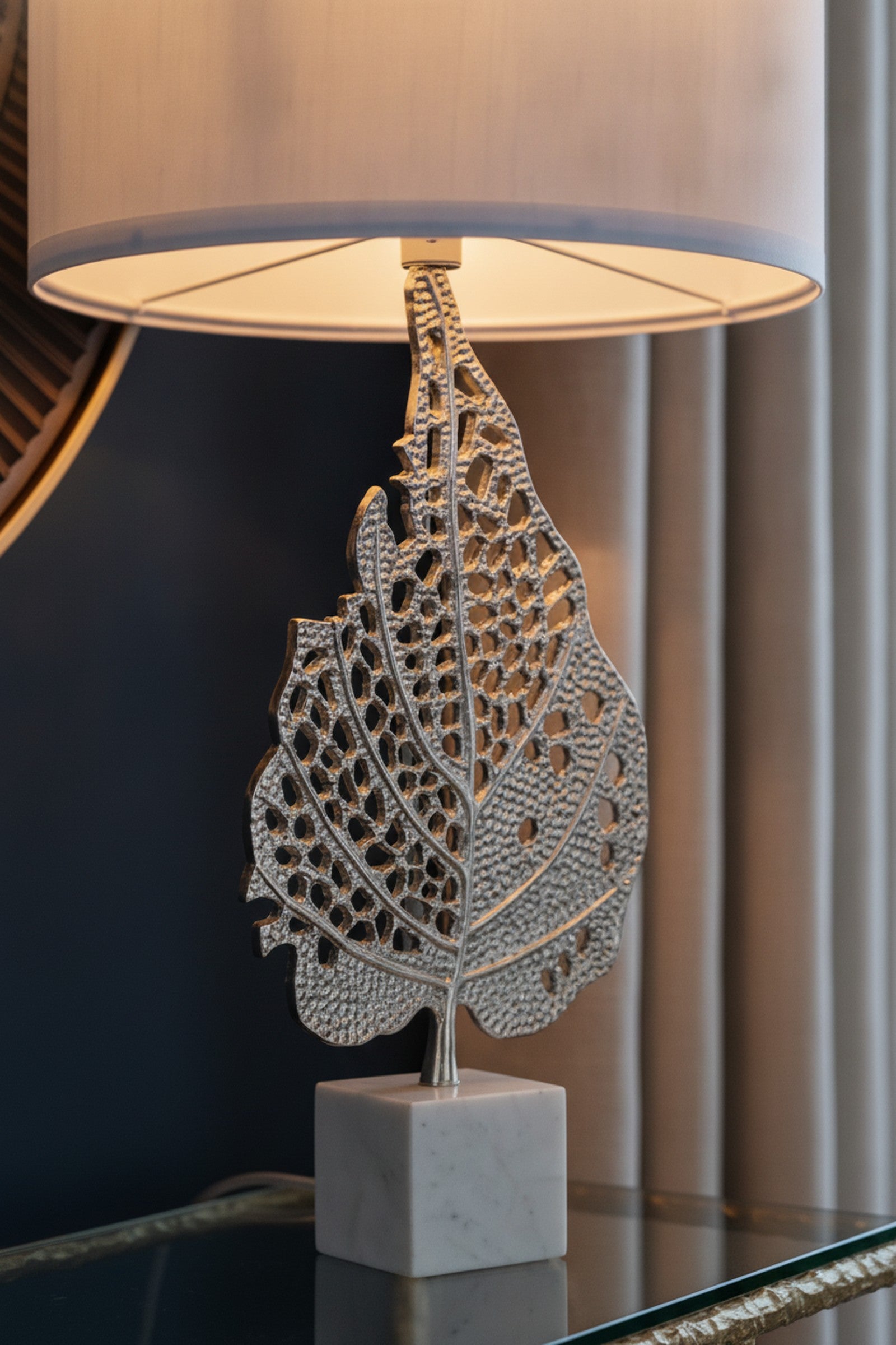 White & Silver Leaf Table Lamp, Marble Base — detail — Maison Bruxelle