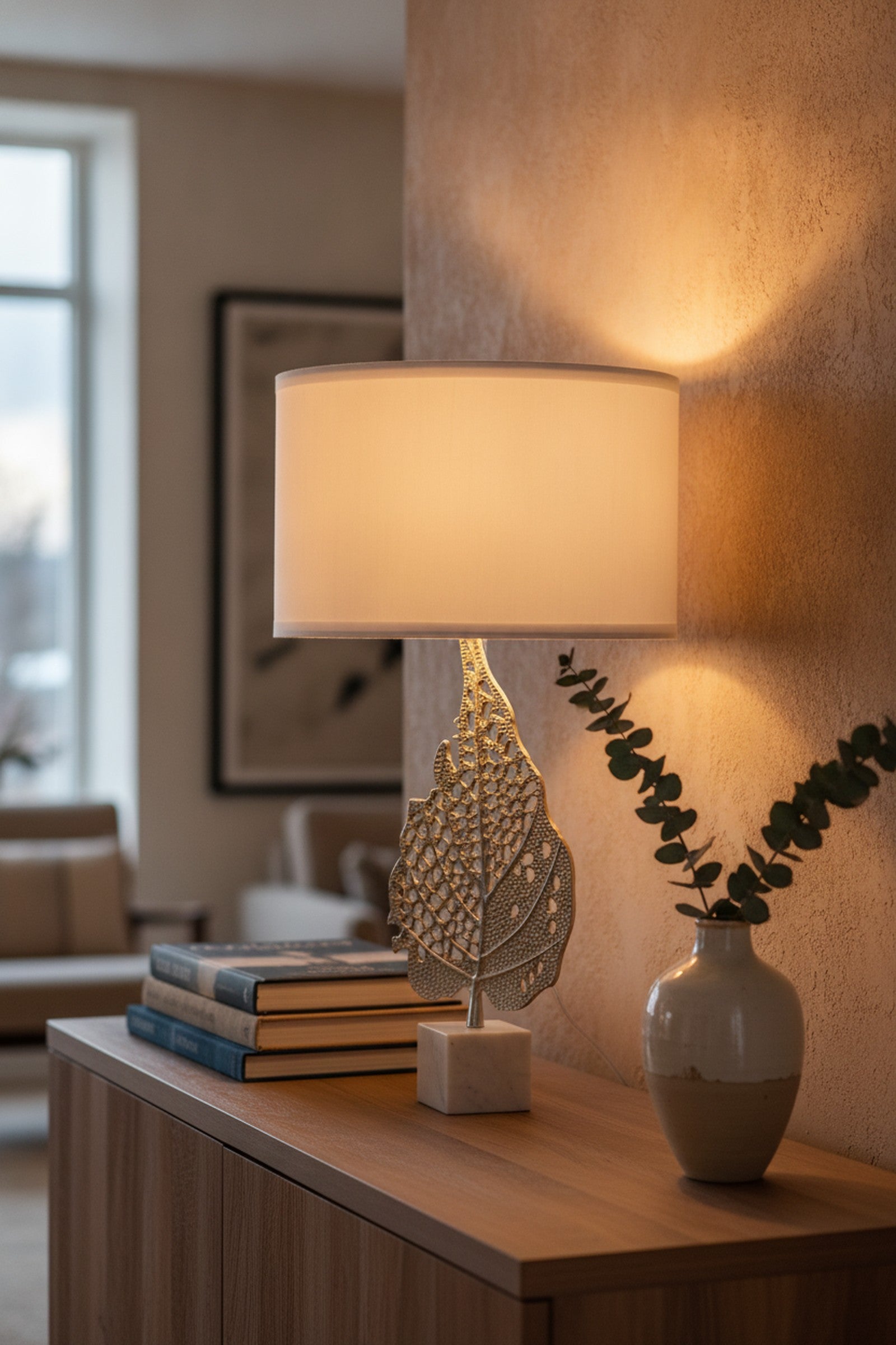White & Silver Leaf Table Lamp, Marble Base — styled in a Maison Bruxelle interior