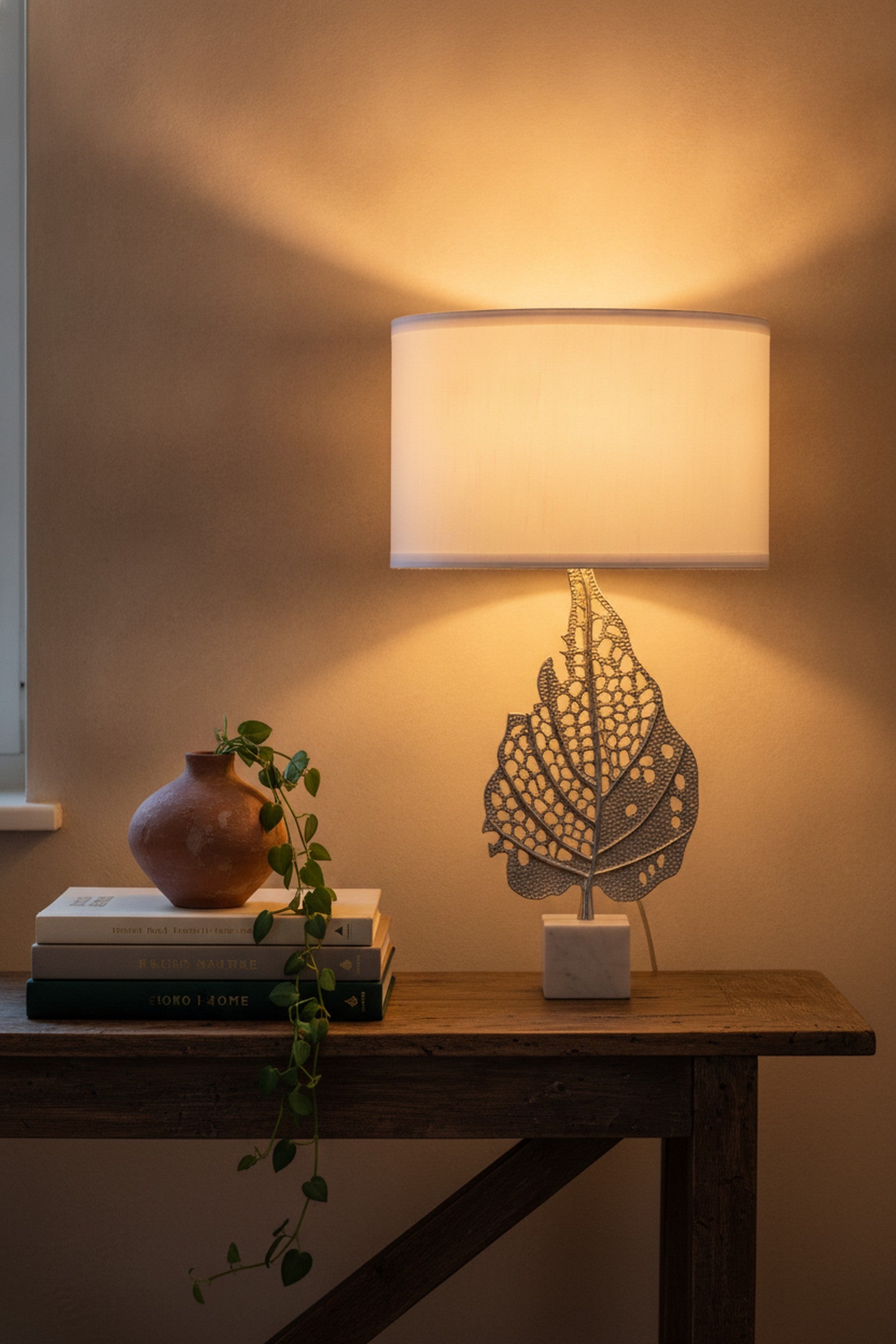 White & Silver Leaf Table Lamp, Marble Base — styled — Maison Bruxelle