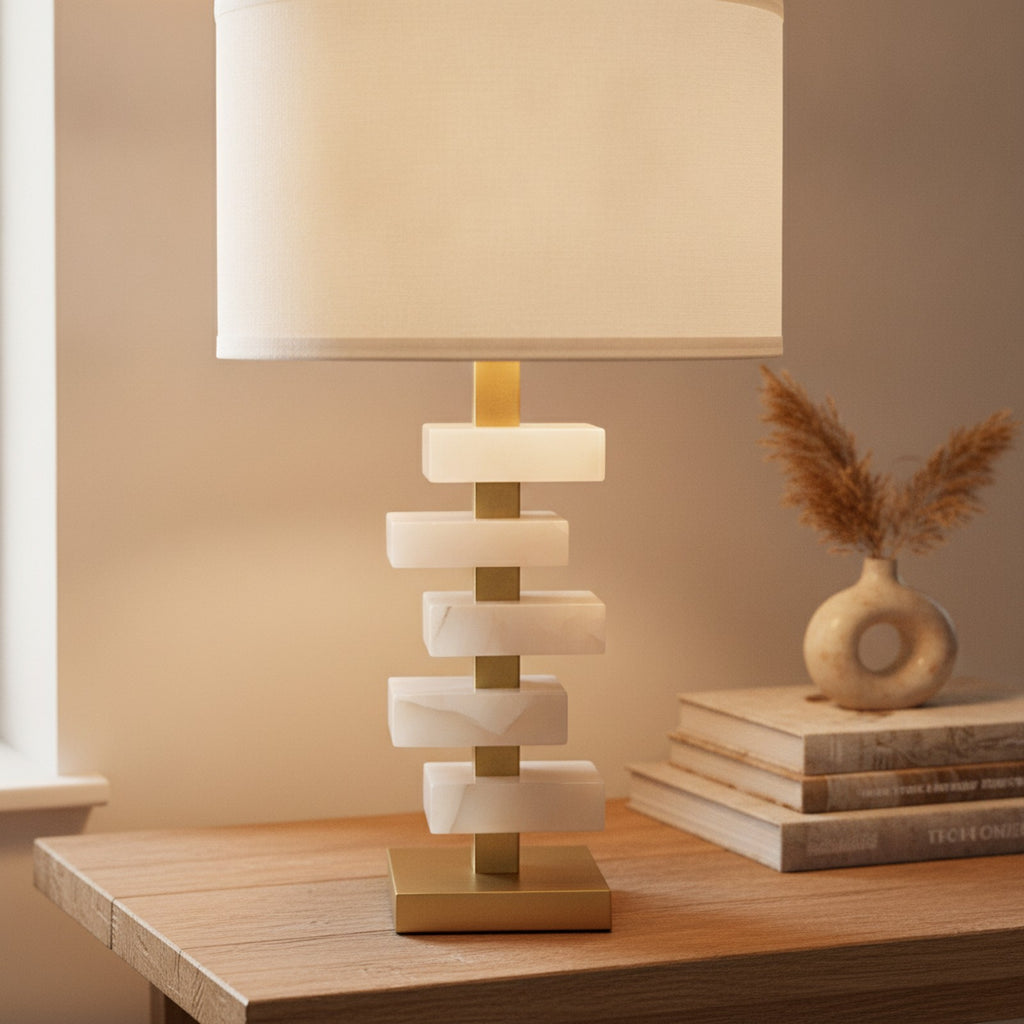 White & Gold Alabaster Slab Table Lamp — detail — Maison Bruxelle