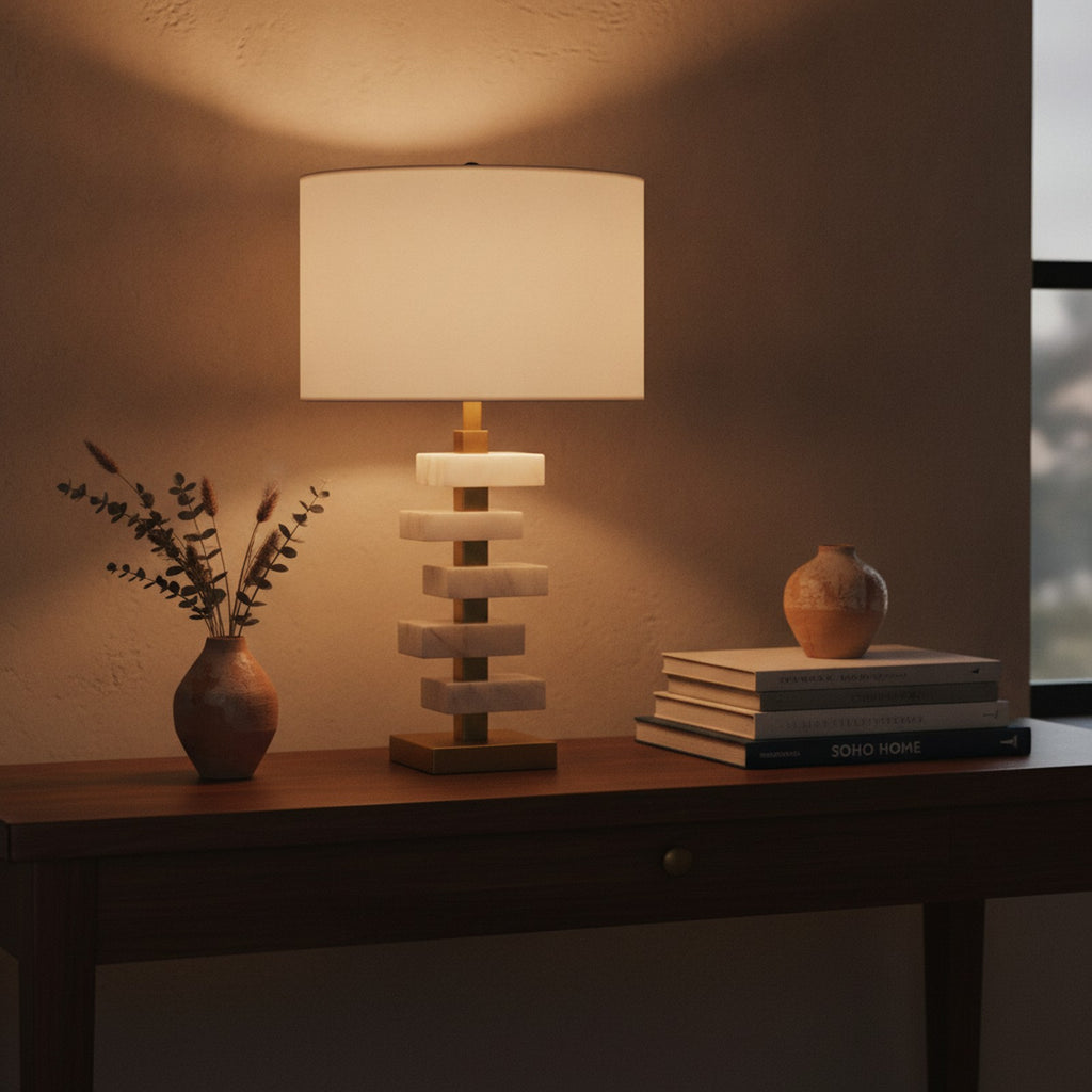 White & Gold Alabaster Slab Table Lamp — styled in a Maison Bruxelle interior