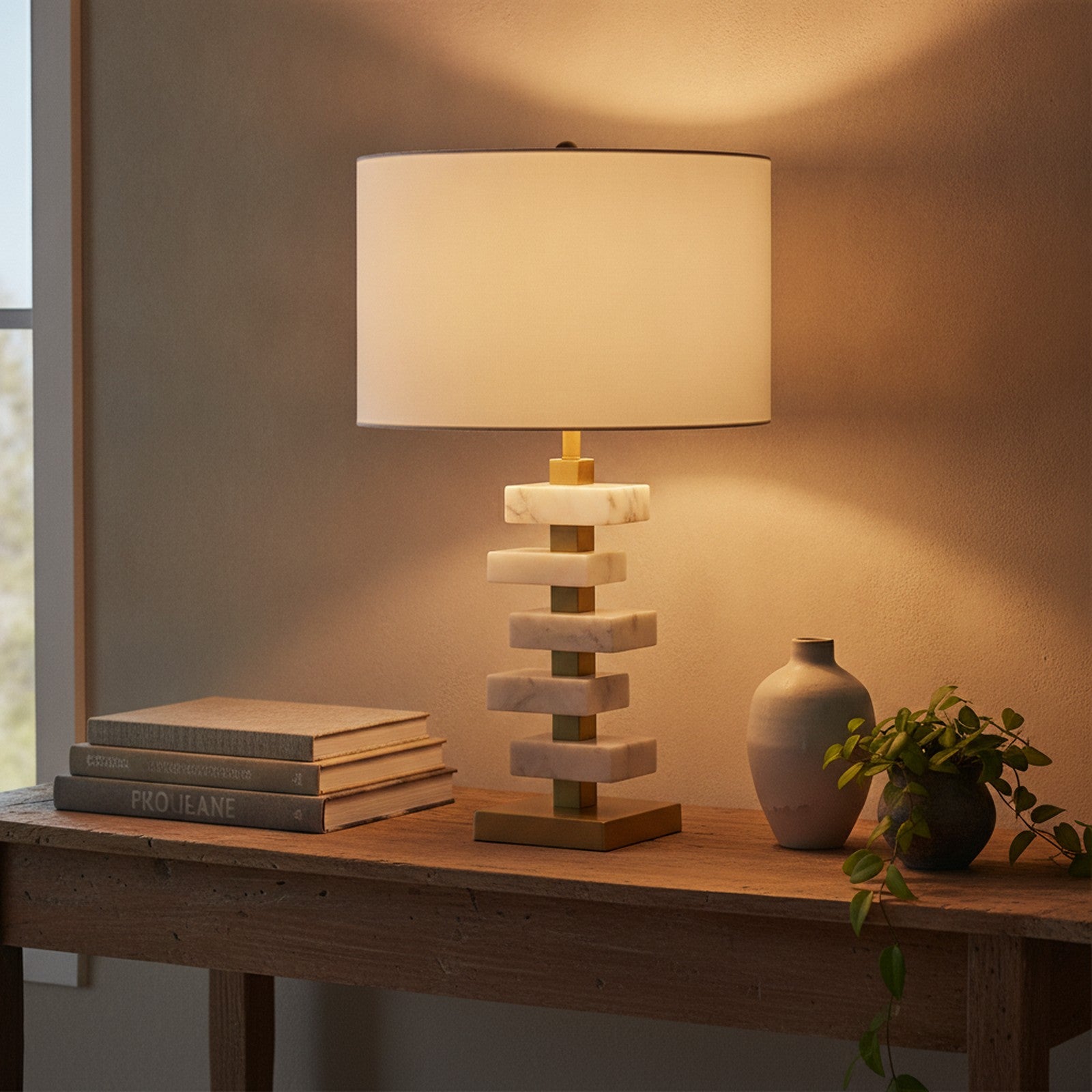 White & Gold Alabaster Slab Table Lamp — styled — Maison Bruxelle