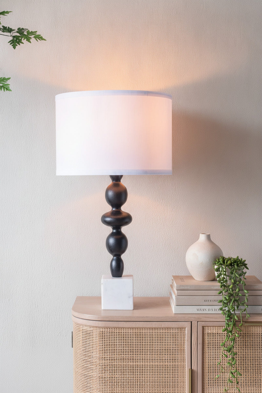 Black & White Table Lamp, Round Four-Tiered Body — styled — Maison Bruxelle