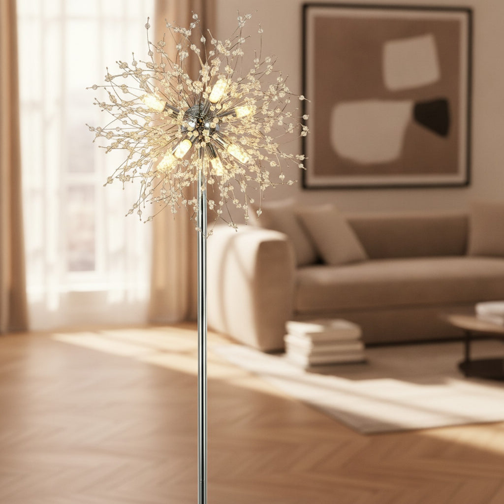 Modern Crystal Floor Lamp, 32 Firework Harnesses, Chrome — detail — Maison Bruxelle