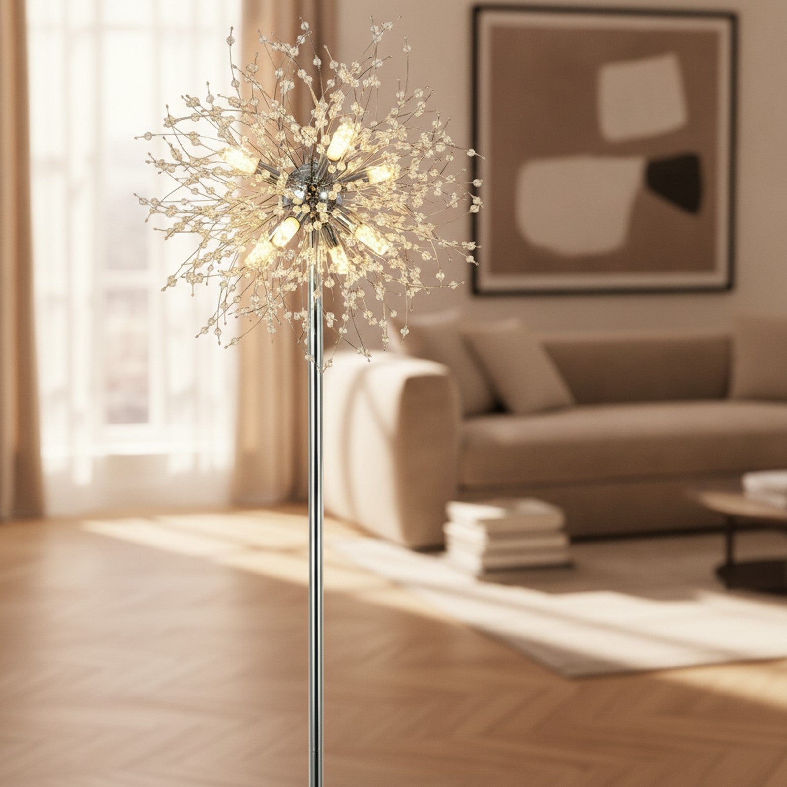 Modern Crystal Floor Lamp, 32 Firework Harnesses, Chrome — detail — Maison Bruxelle