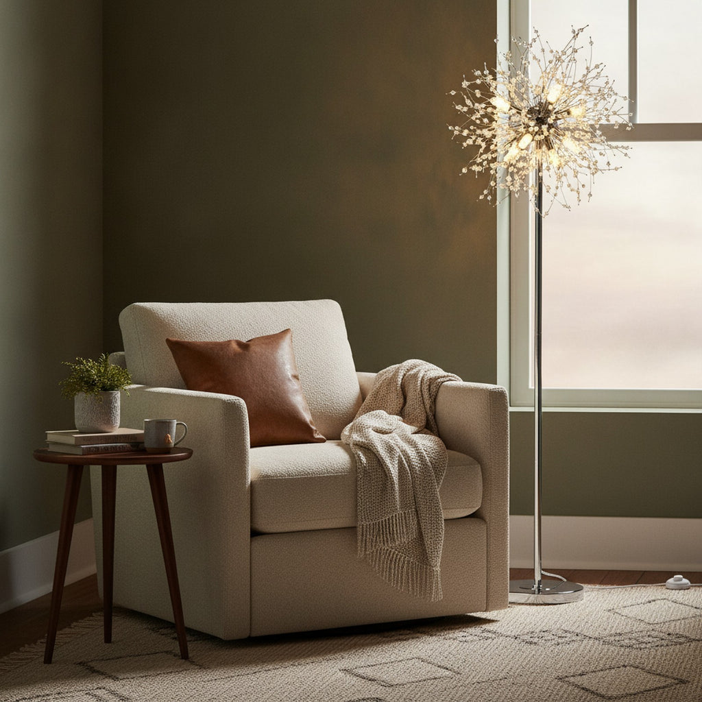 Modern Crystal Floor Lamp, 32 Firework Harnesses, Chrome — styled in a Maison Bruxelle interior