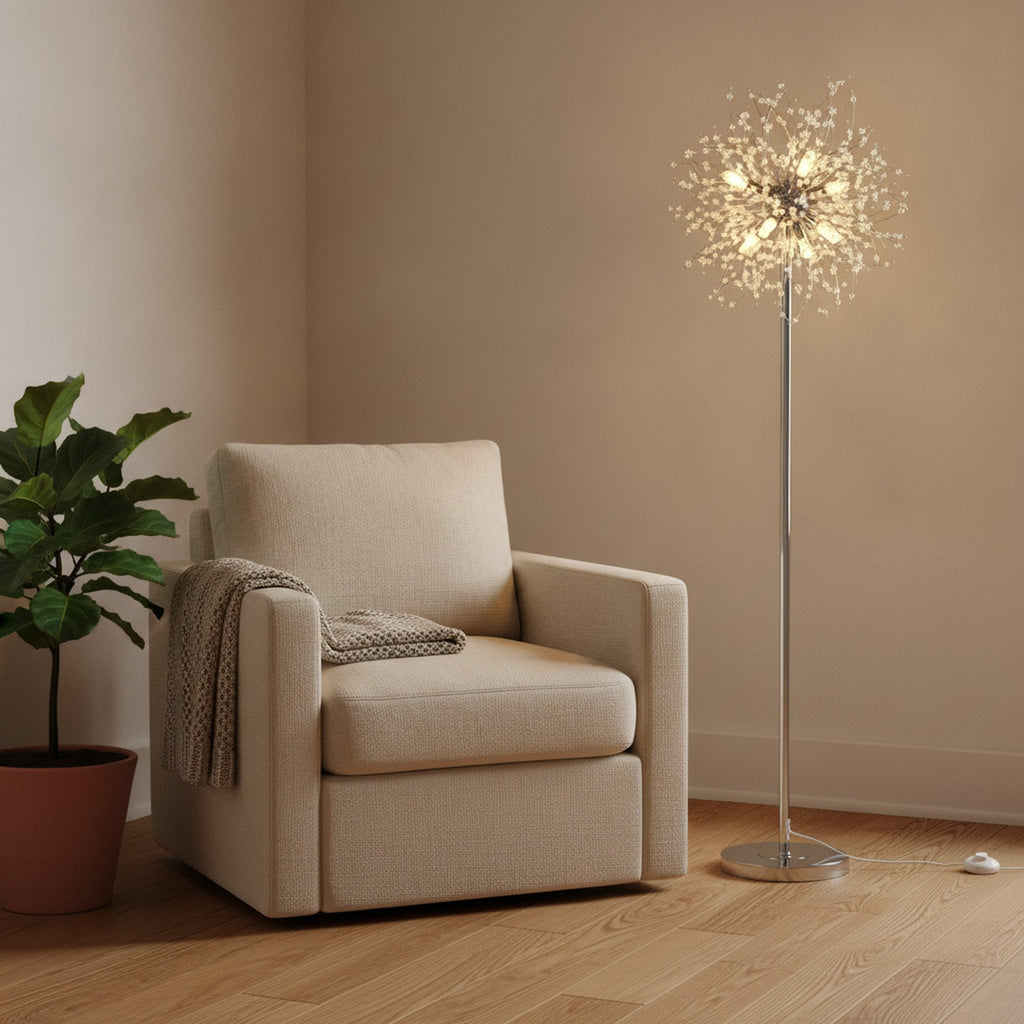 Modern Crystal Floor Lamp, 32 Firework Harnesses, Chrome — styled — Maison Bruxelle