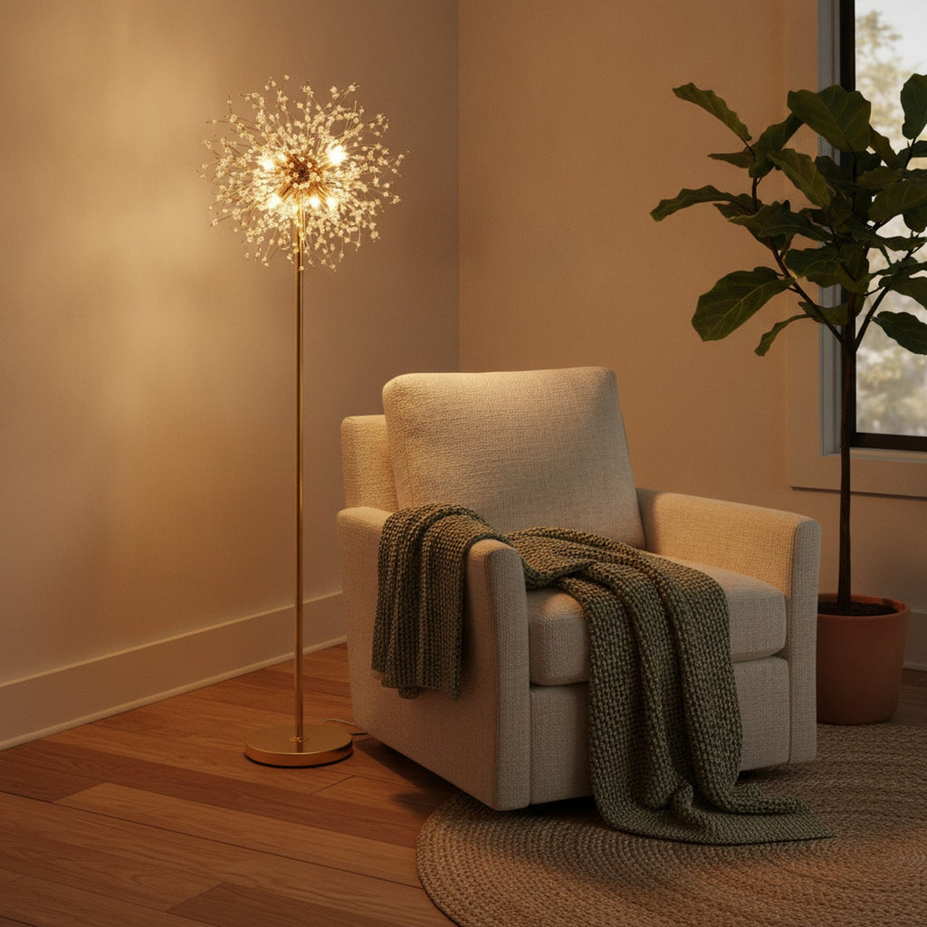 Modern K9 Crystal Floor Lamp, Gold Finish — styled — Maison Bruxelle