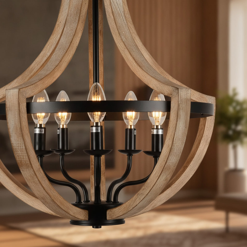 Modern Farmhouse Brown Solid Wood 5-Light Chandelier — detail — Maison Bruxelle
