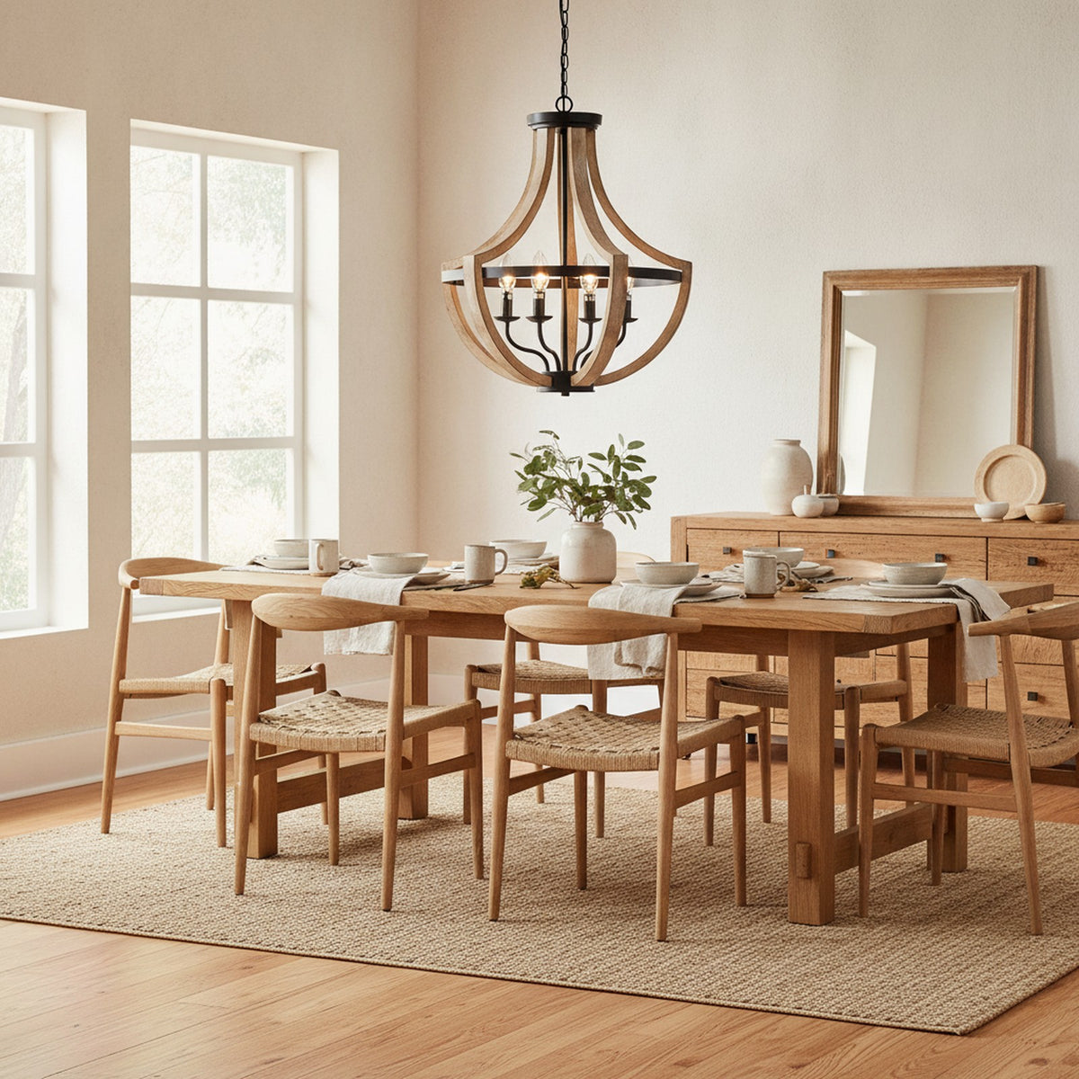 Modern Farmhouse Brown Solid Wood 5-Light Chandelier — styled in a Maison Bruxelle interior