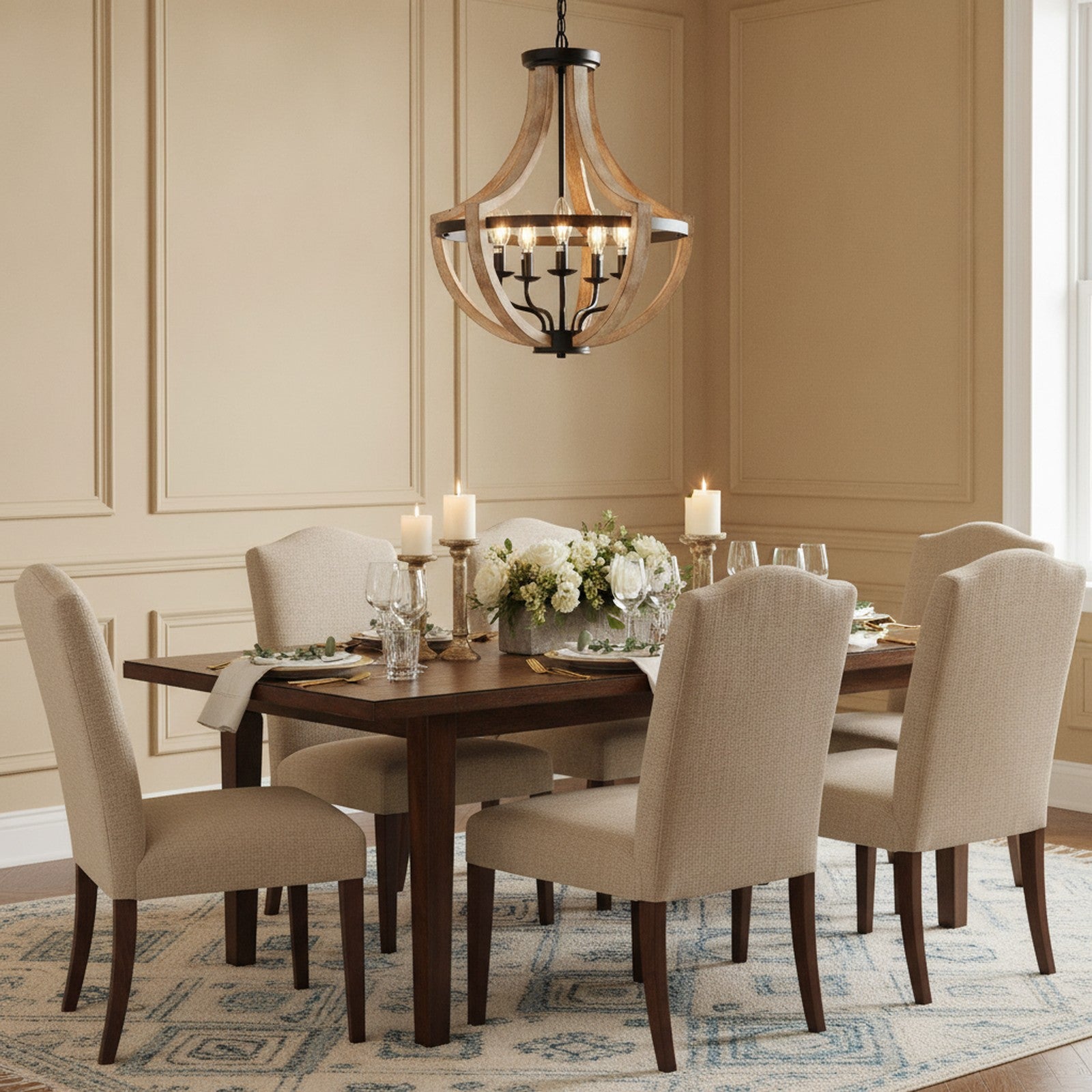 Modern Farmhouse Brown Solid Wood 5-Light Chandelier — styled — Maison Bruxelle