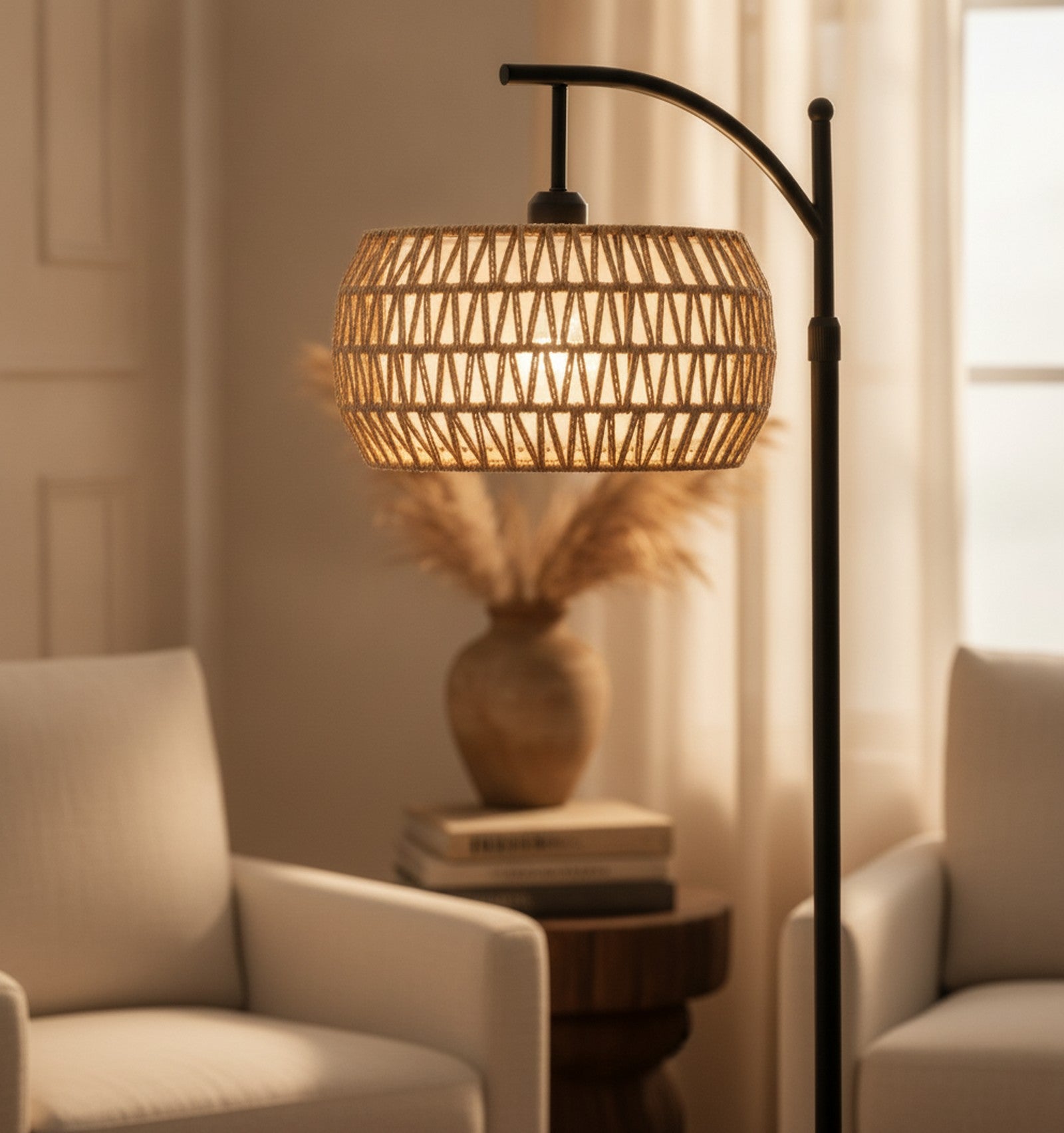 Black Arc Floor Lamp, Rattan & Fabric Drum Shade — detail — Maison Bruxelle