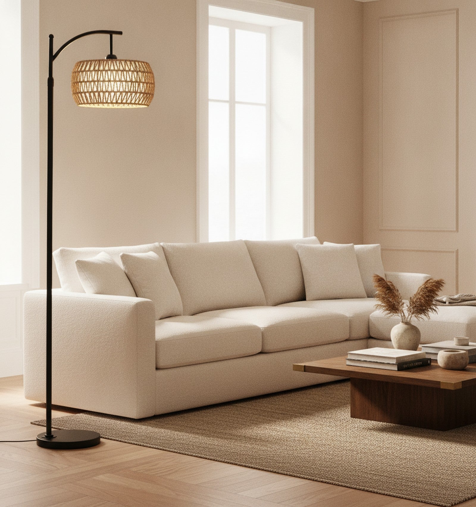 Black Arc Floor Lamp, Rattan & Fabric Drum Shade — styled in a Maison Bruxelle interior