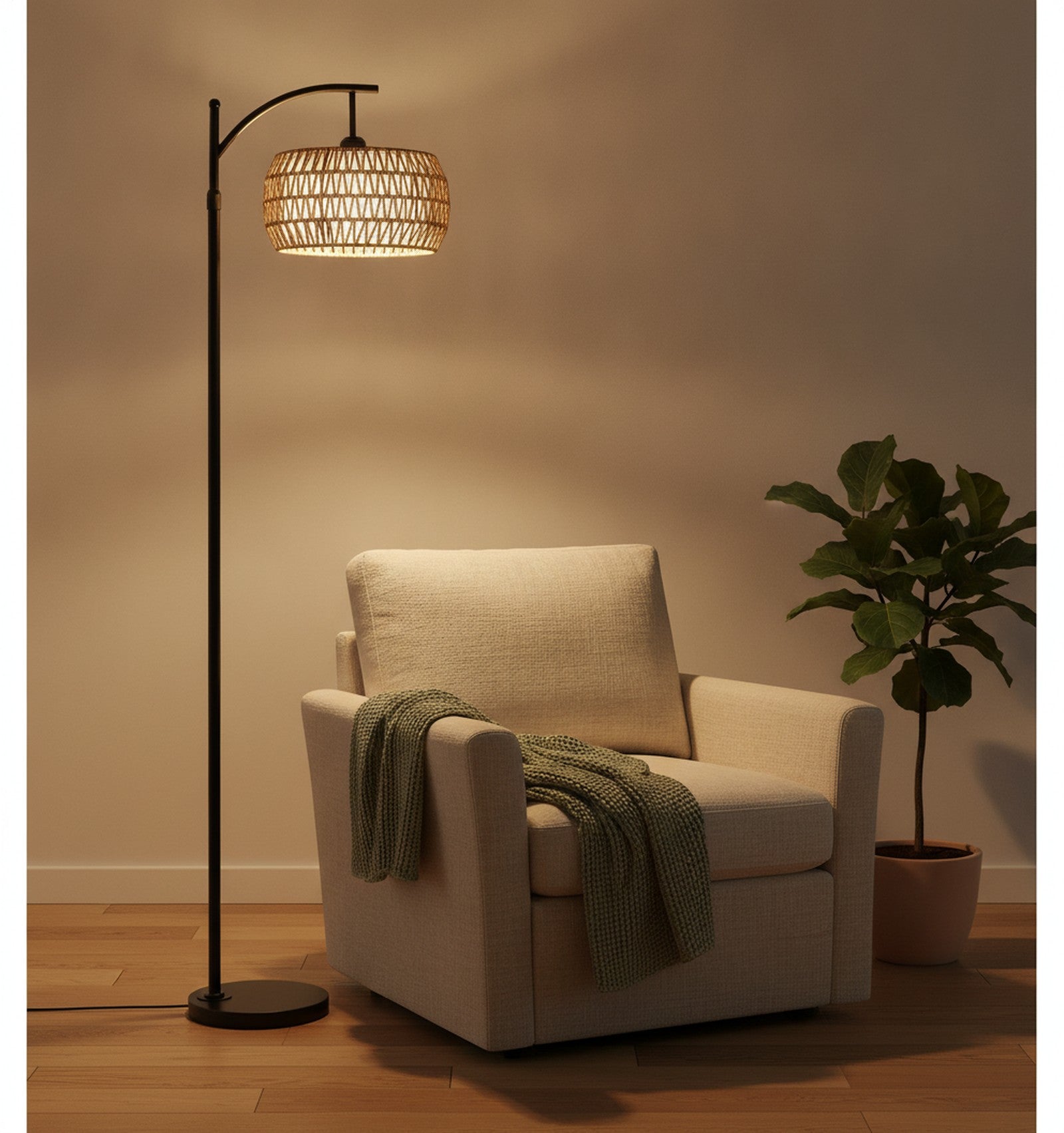 Black Arc Floor Lamp, Rattan & Fabric Drum Shade — styled — Maison Bruxelle