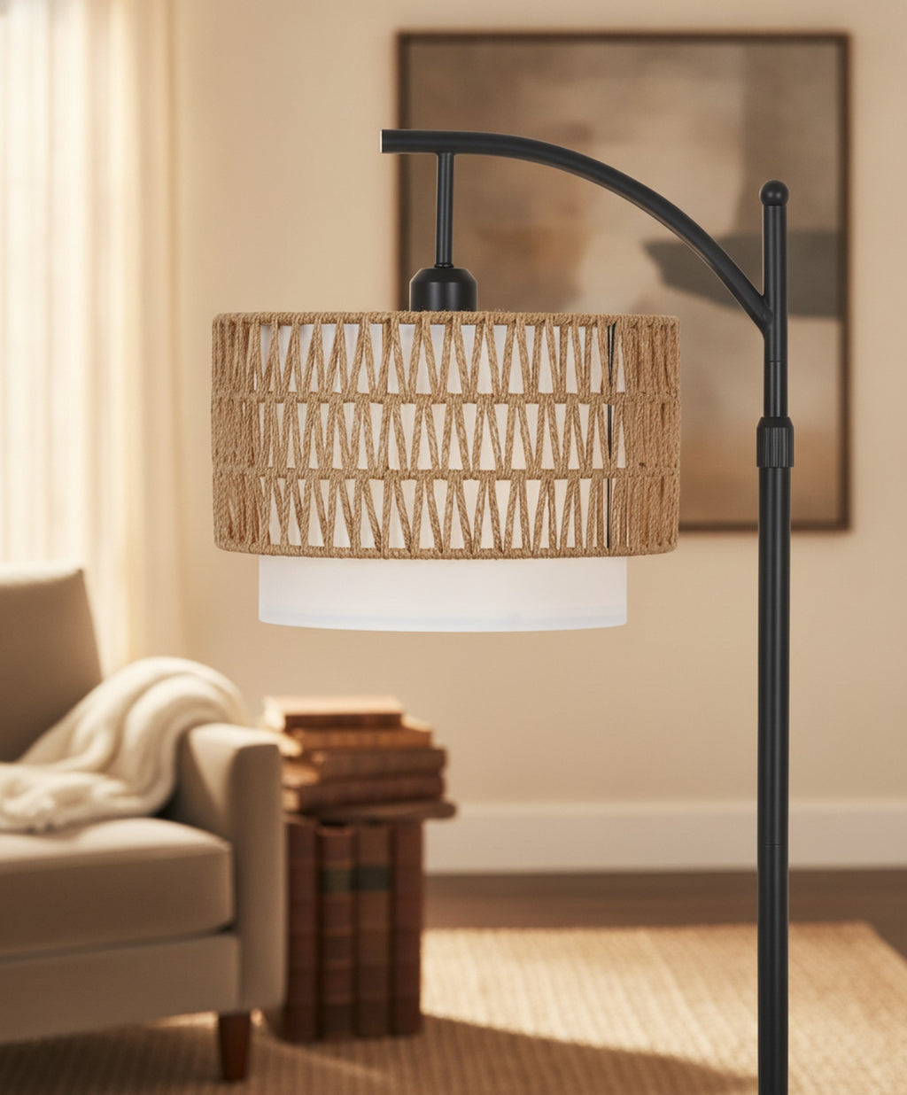 Boho Arc Floor Lamp, Rattan & Fabric Shades — detail — Maison Bruxelle