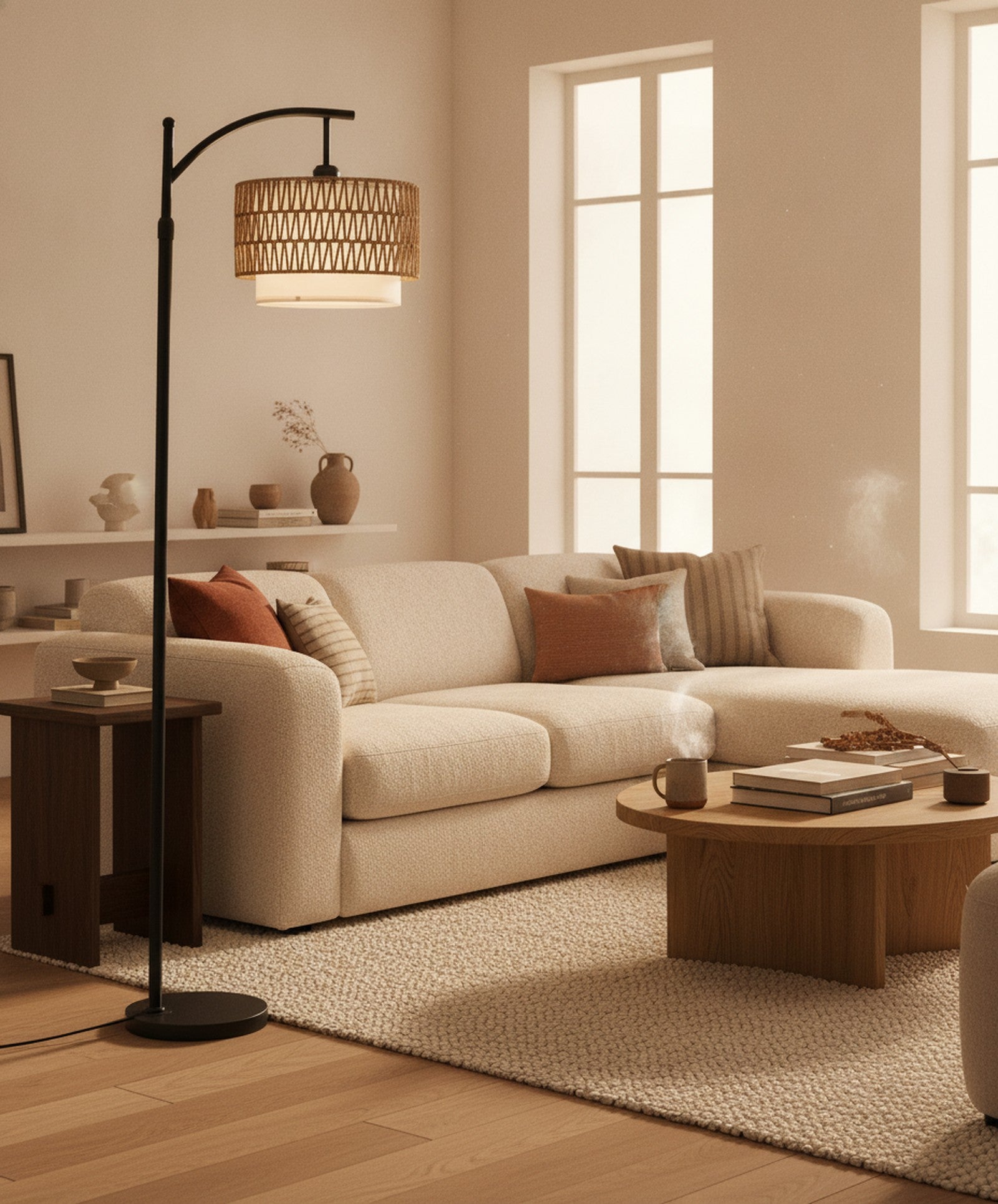 Boho Arc Floor Lamp, Rattan & Fabric Shades — styled in a Maison Bruxelle interior