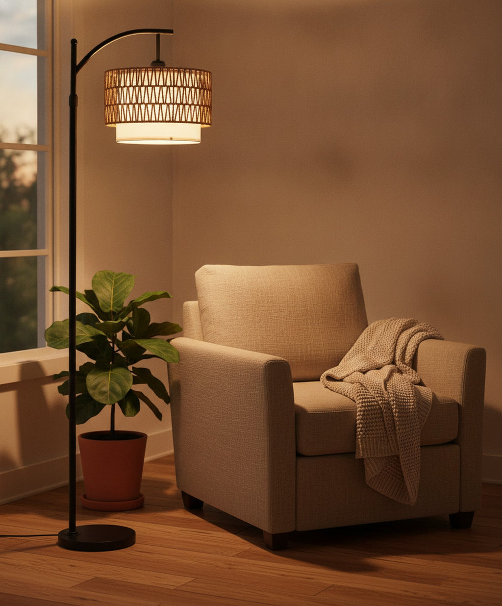 Boho Arc Floor Lamp, Rattan & Fabric Shades — styled — Maison Bruxelle