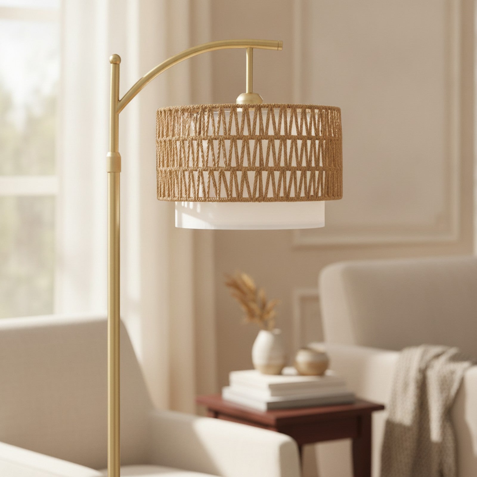 Modern Gold Boho Rattan Fabric Arc Floor Lamp — detail — Maison Bruxelle