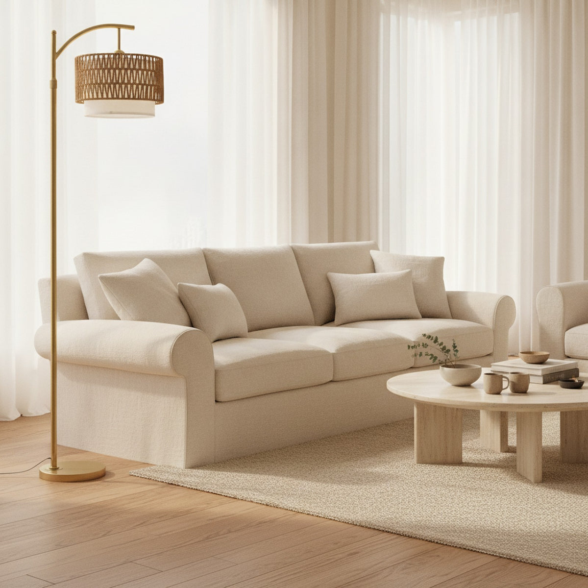 Modern Gold Boho Rattan Fabric Arc Floor Lamp — styled in a Maison Bruxelle interior