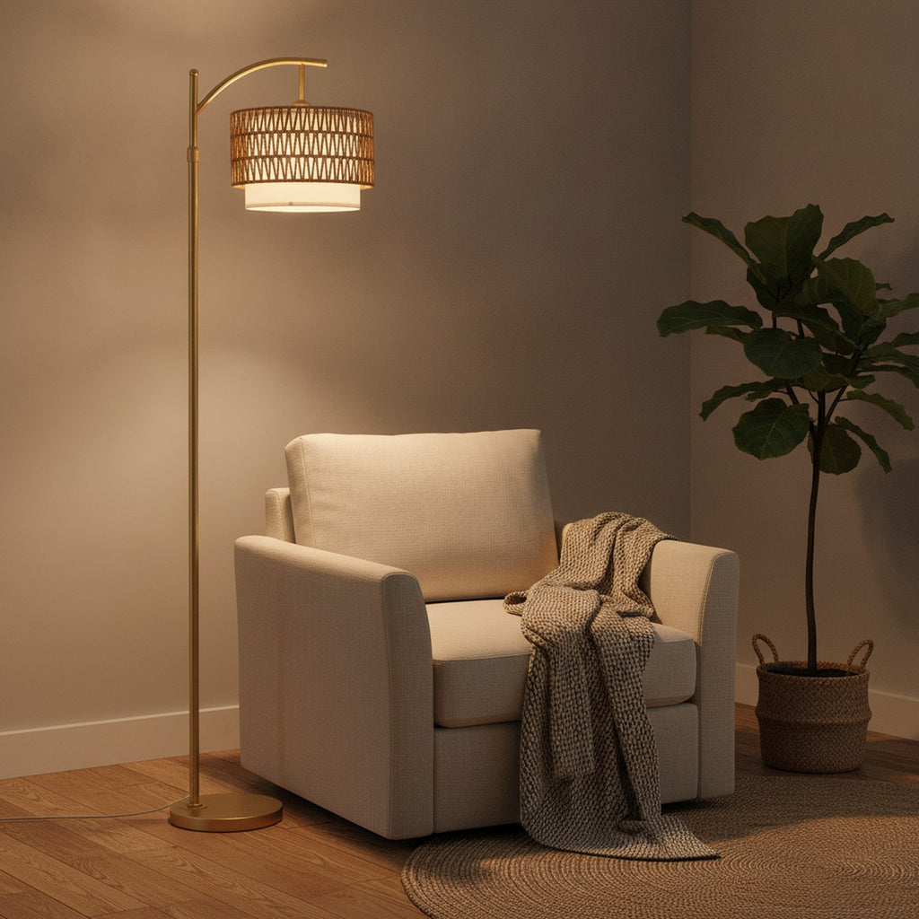Modern Gold Boho Rattan Fabric Arc Floor Lamp — styled — Maison Bruxelle