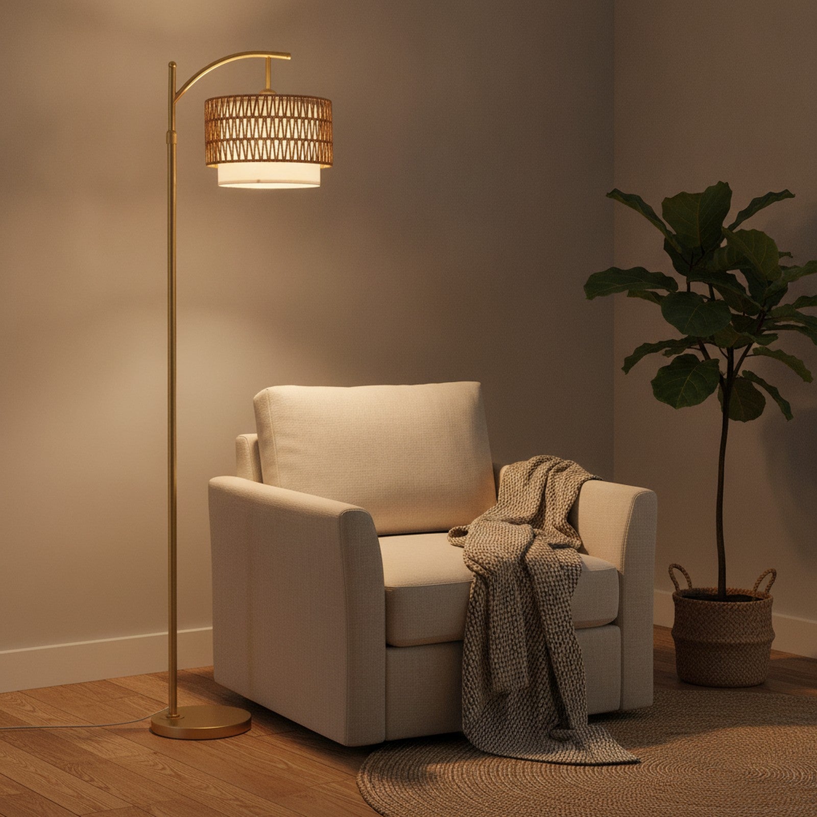 Modern Gold Boho Rattan Fabric Arc Floor Lamp — styled — Maison Bruxelle