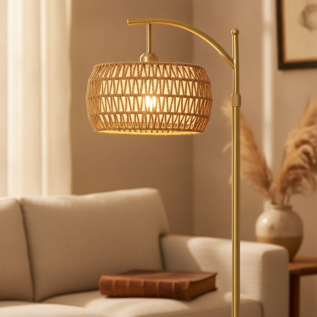 Gold Arc Floor Lamp, Rattan & Fabric Shades — detail — Maison Bruxelle