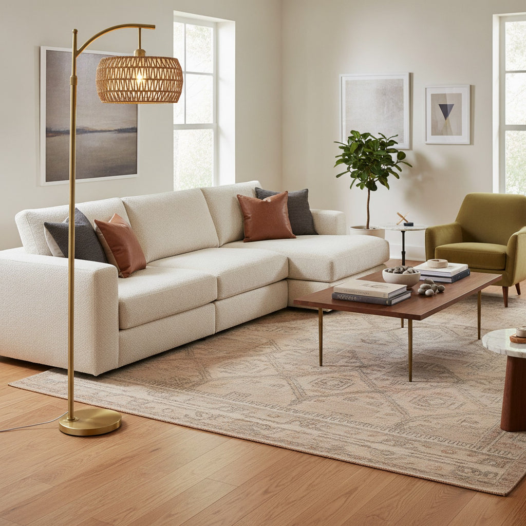 Gold Arc Floor Lamp, Rattan & Fabric Shades — styled in a Maison Bruxelle interior