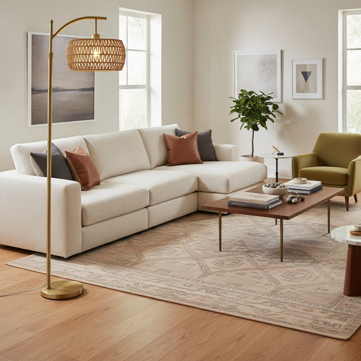 Gold Arc Floor Lamp, Rattan & Fabric Shades — styled in a Maison Bruxelle interior