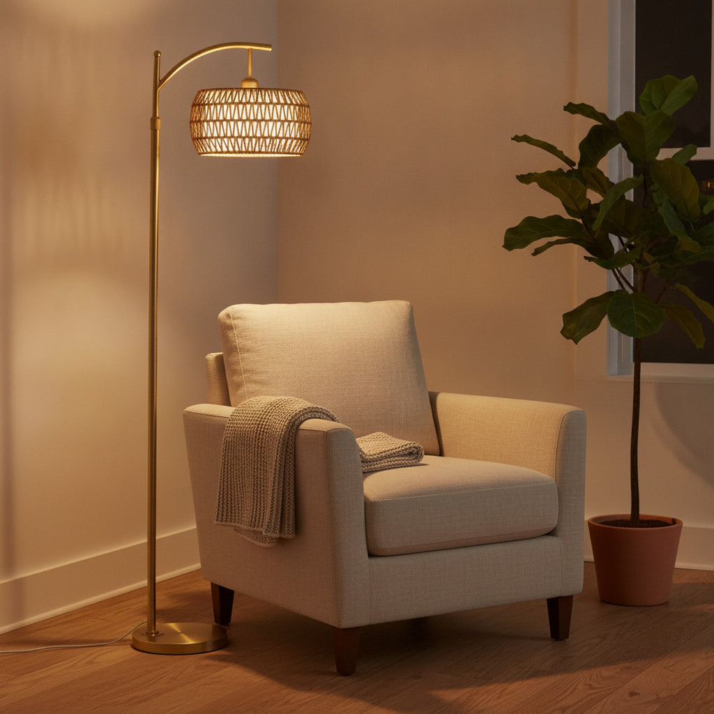 Gold Arc Floor Lamp, Rattan & Fabric Shades — styled — Maison Bruxelle