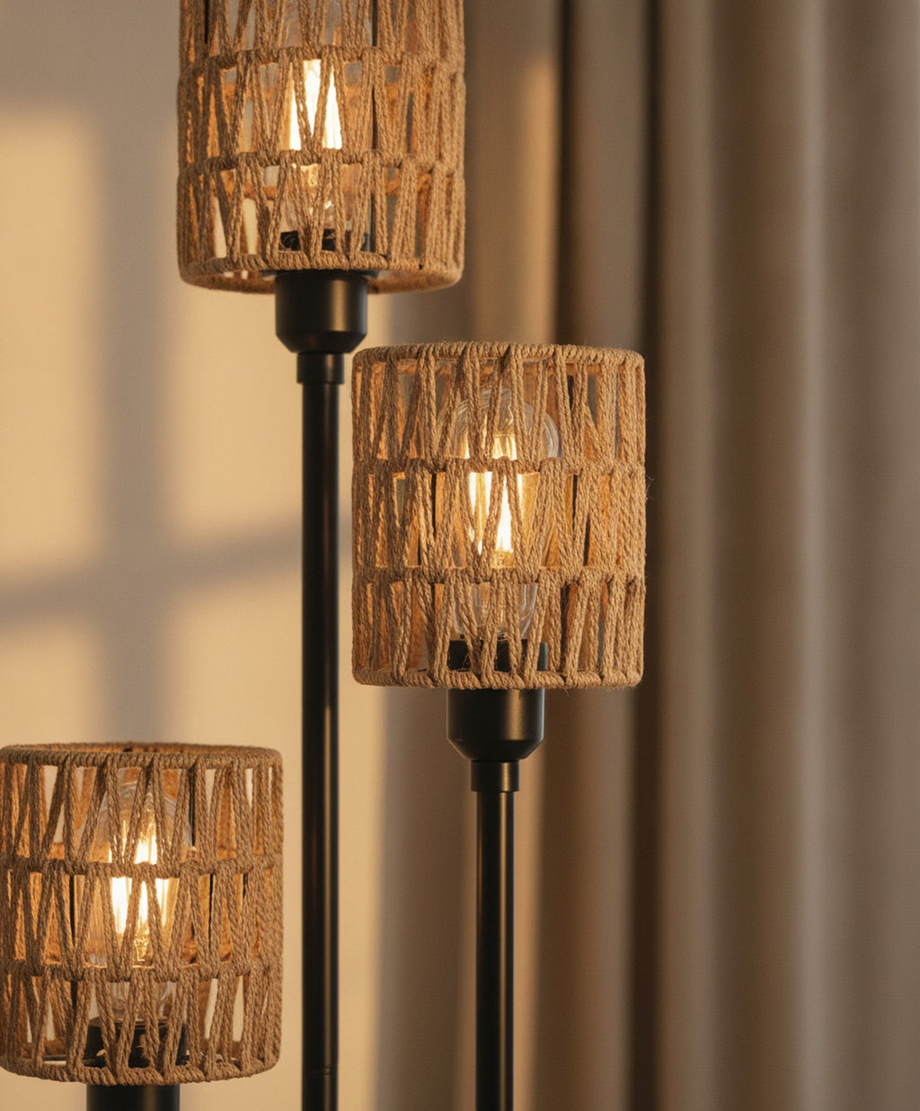 Boho 3-Light Floor Lamp With Shelves, Rattan Shades — detail — Maison Bruxelle