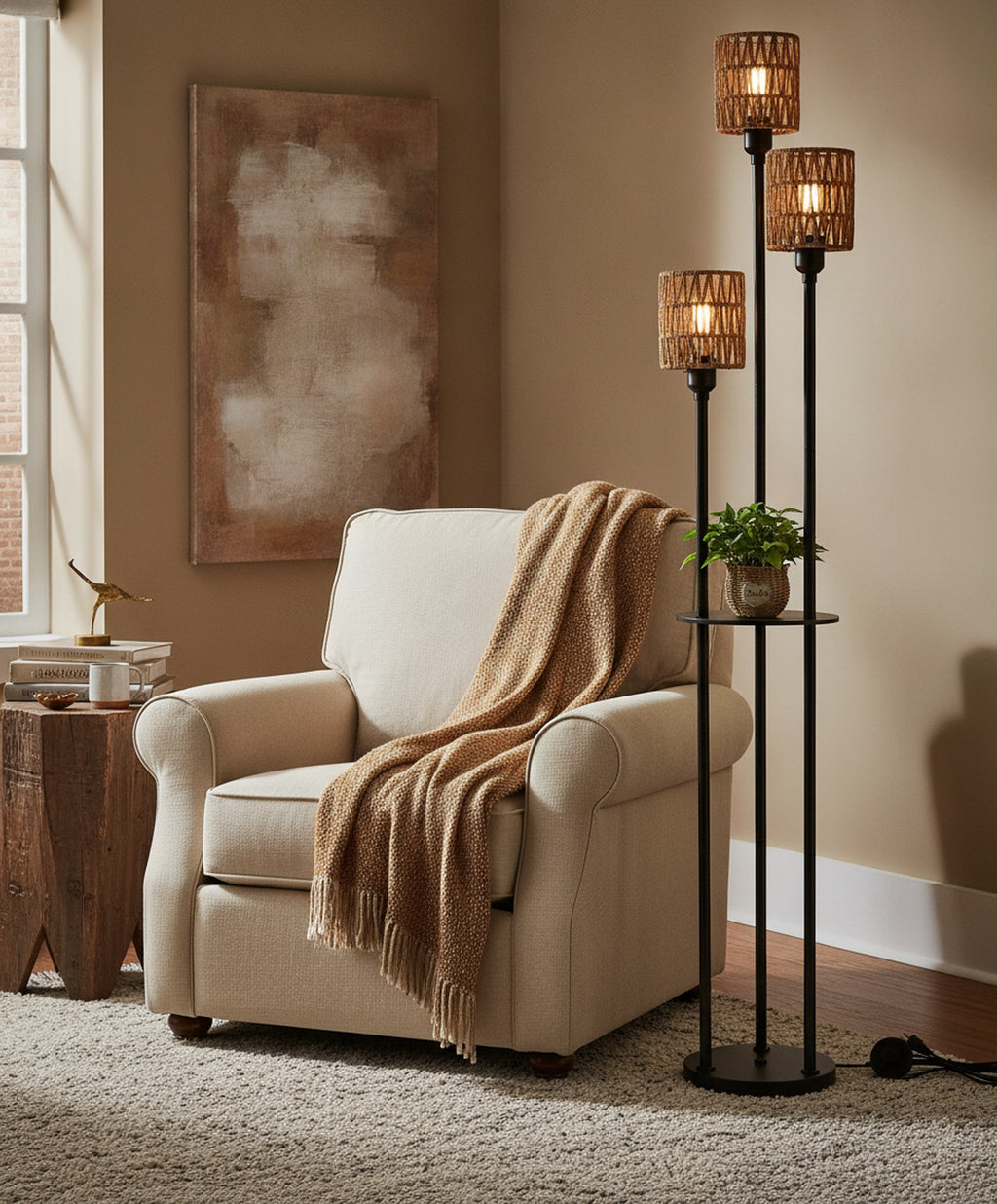 Boho 3-Light Floor Lamp With Shelves, Rattan Shades — styled in a Maison Bruxelle interior
