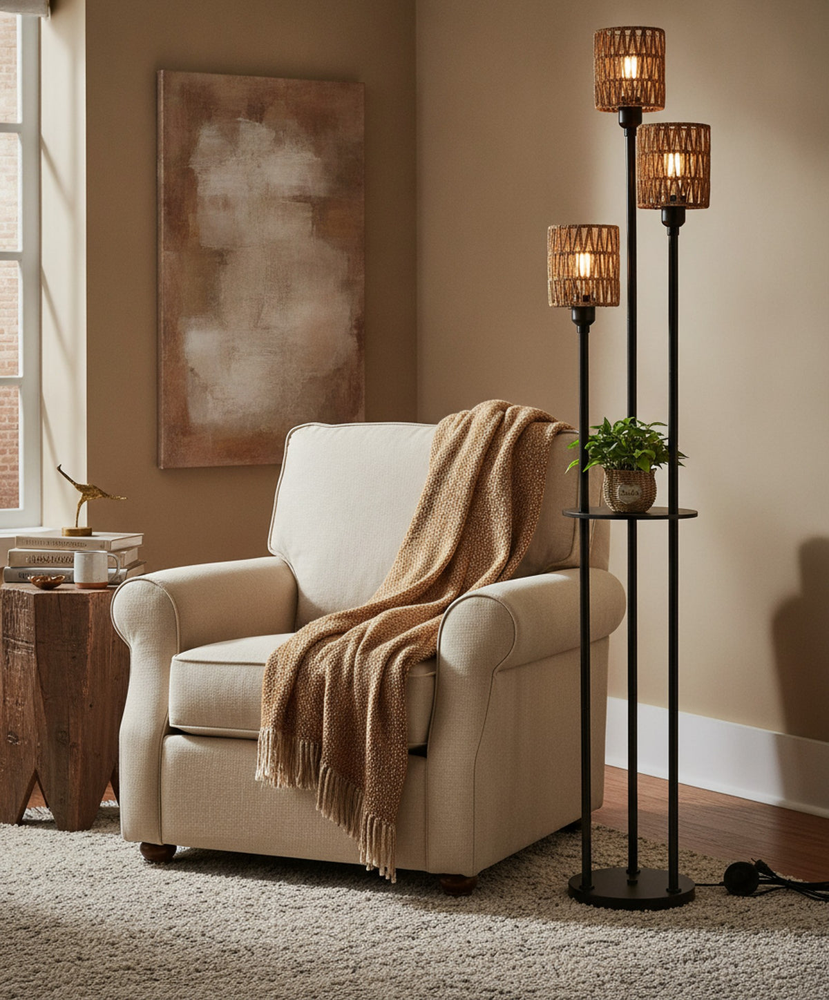 Boho 3-Light Floor Lamp With Shelves, Rattan Shades — styled in a Maison Bruxelle interior