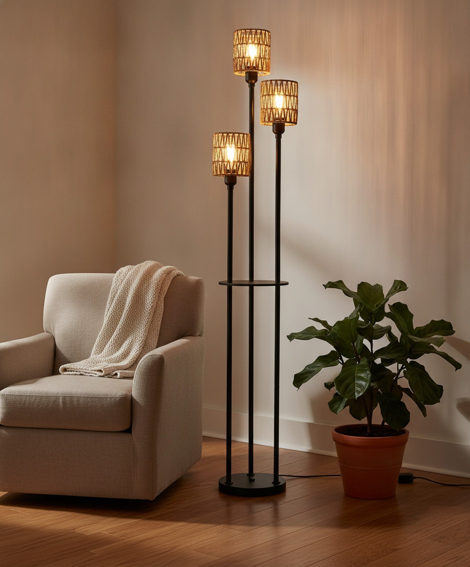 Boho 3-Light Floor Lamp With Shelves, Rattan Shades — styled — Maison Bruxelle
