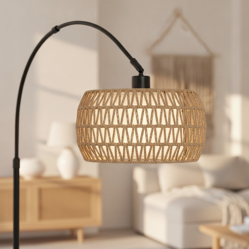 Black Rattan Boho Arc Floor Lamp — detail — Maison Bruxelle