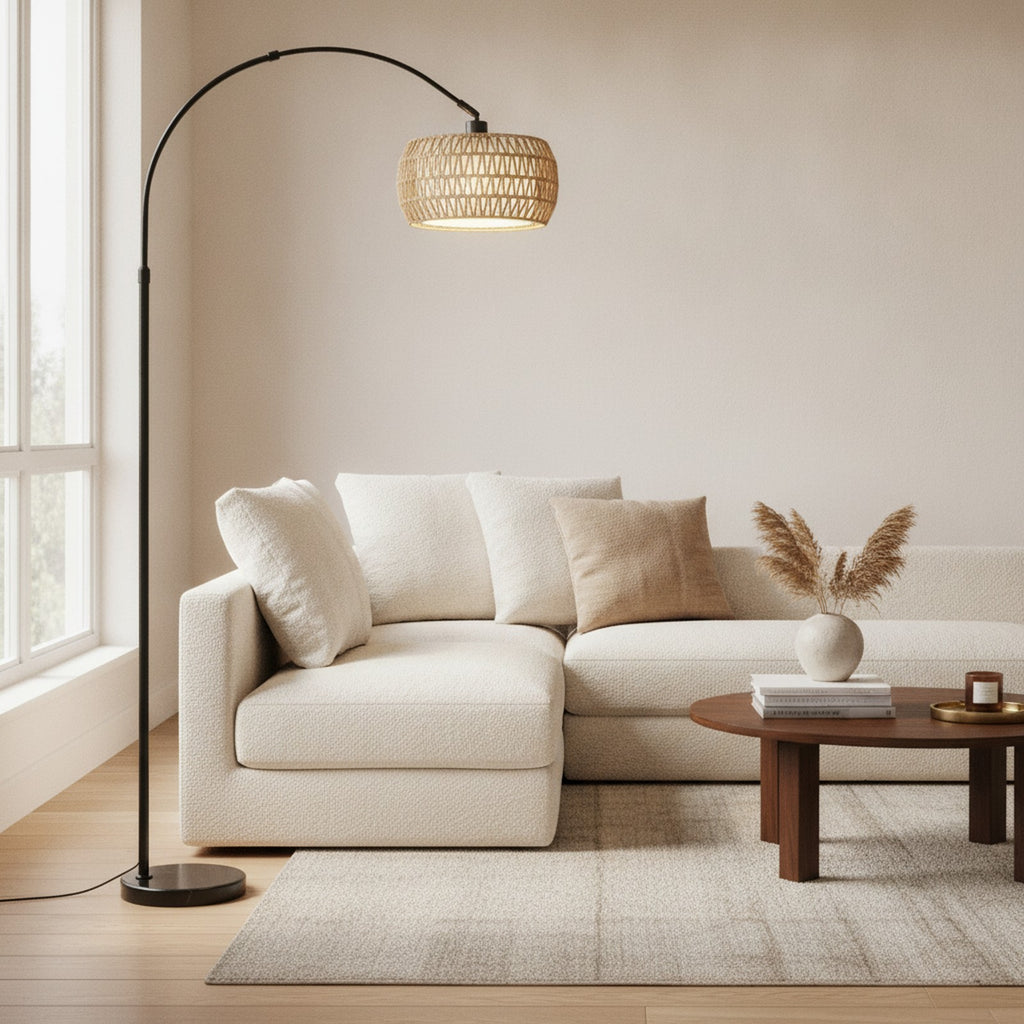 Black Rattan Boho Arc Floor Lamp — styled in a Maison Bruxelle interior