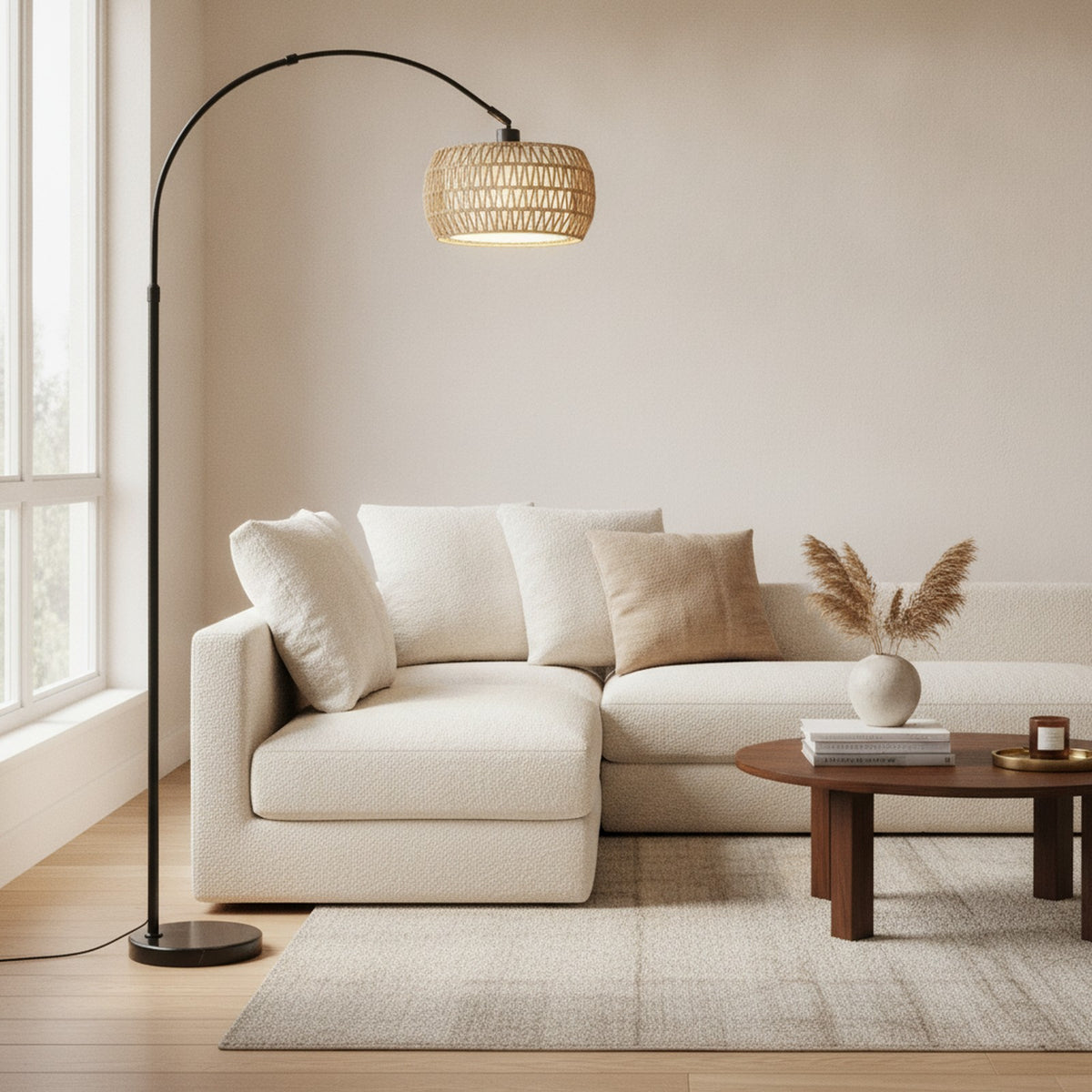 Black Rattan Boho Arc Floor Lamp — styled in a Maison Bruxelle interior