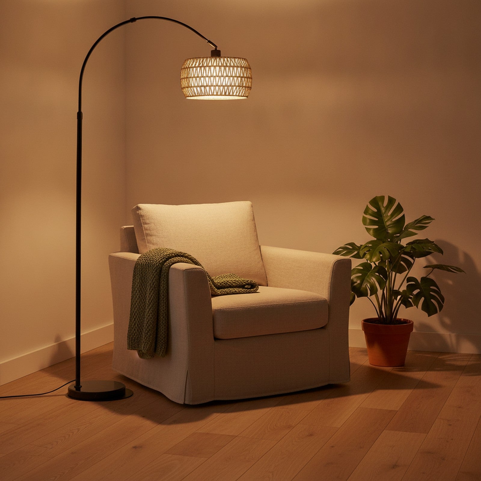 Black Rattan Boho Arc Floor Lamp — styled — Maison Bruxelle