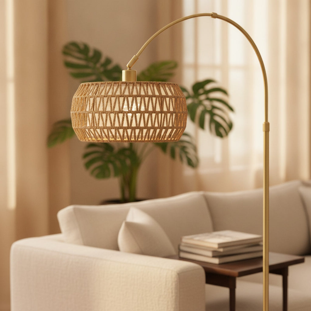 Gold Boho Rattan Arc Floor Lamp — detail — Maison Bruxelle