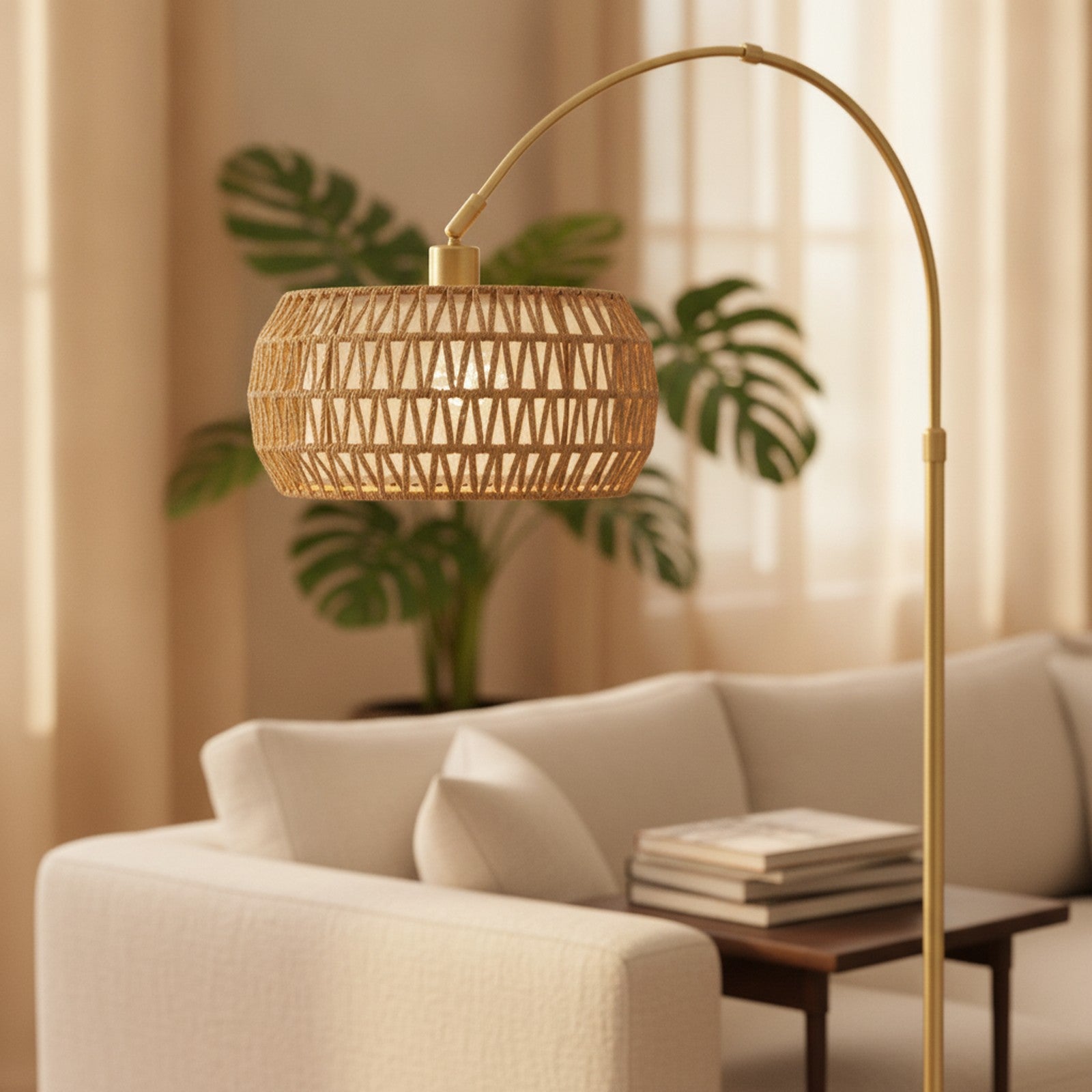 Gold Boho Rattan Arc Floor Lamp — detail — Maison Bruxelle