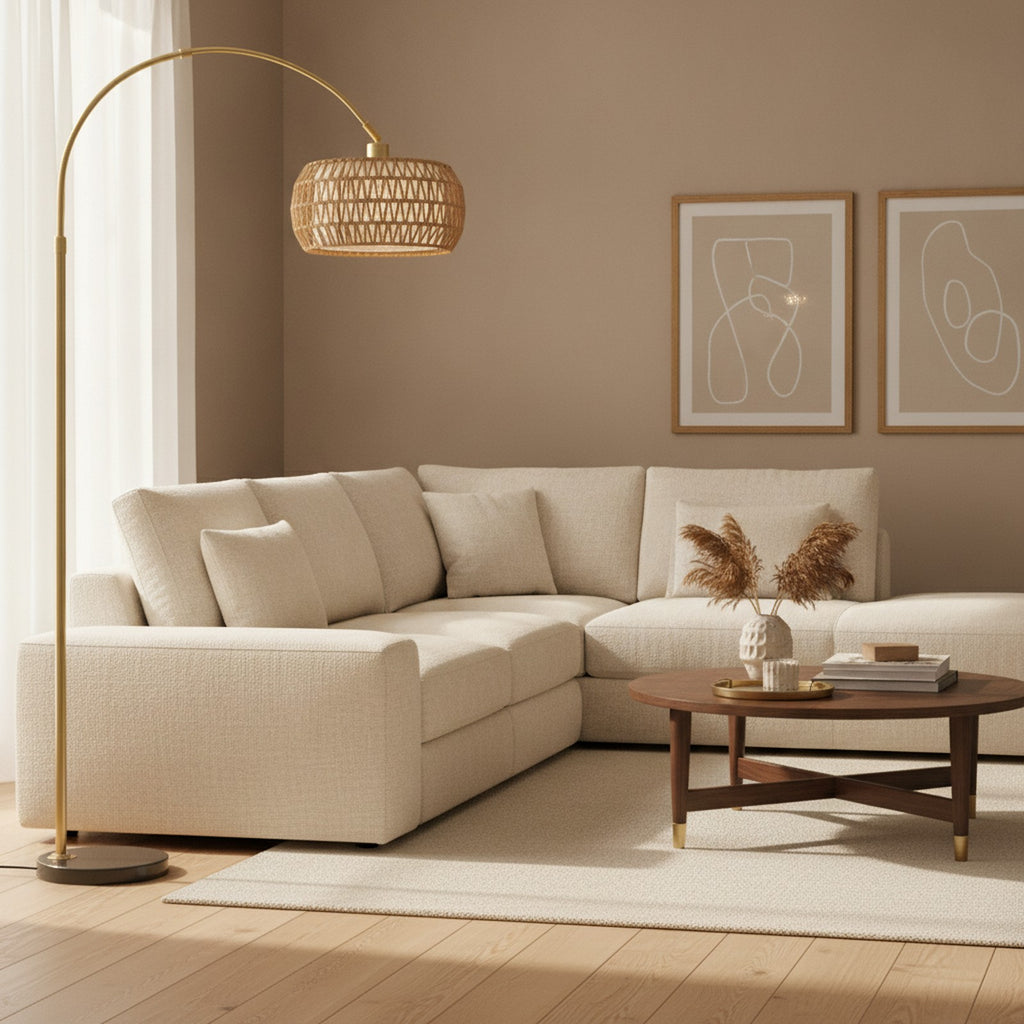 Gold Boho Rattan Arc Floor Lamp — styled in a Maison Bruxelle interior