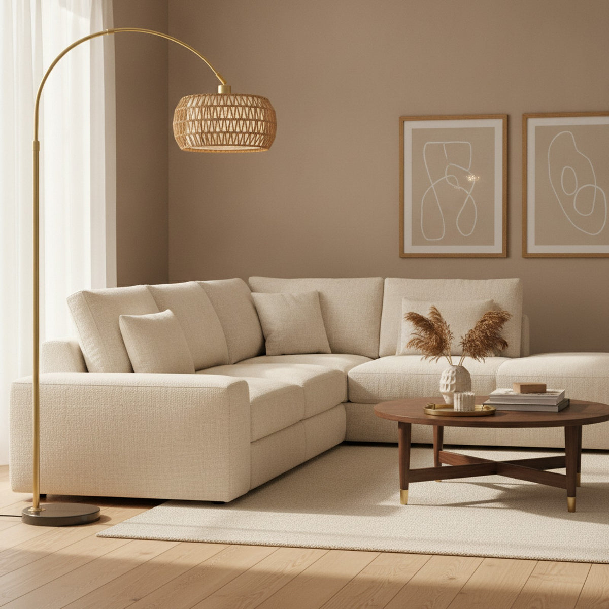 Gold Boho Rattan Arc Floor Lamp — styled in a Maison Bruxelle interior