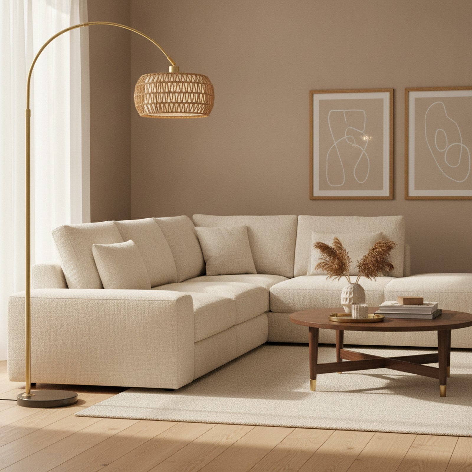 Gold Boho Rattan Arc Floor Lamp — styled in a Maison Bruxelle interior