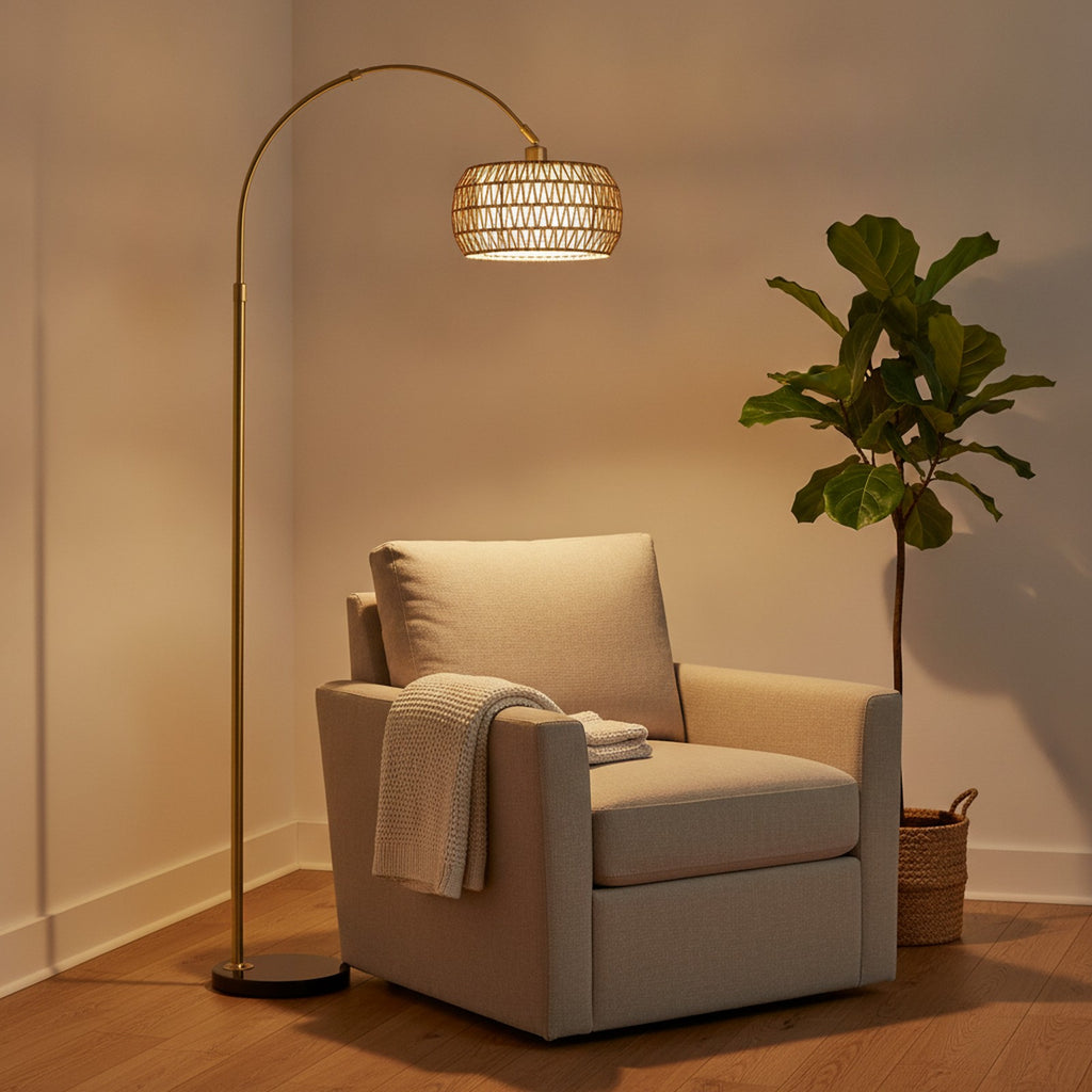 Gold Boho Rattan Arc Floor Lamp — styled — Maison Bruxelle