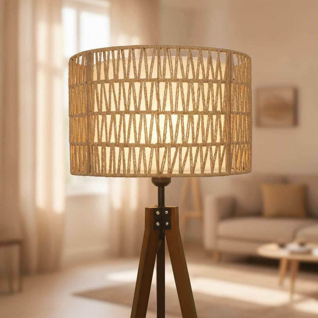 Boho Tripod Floor Lamp, Shelves, Rattan & Fabric Shades — detail — Maison Bruxelle