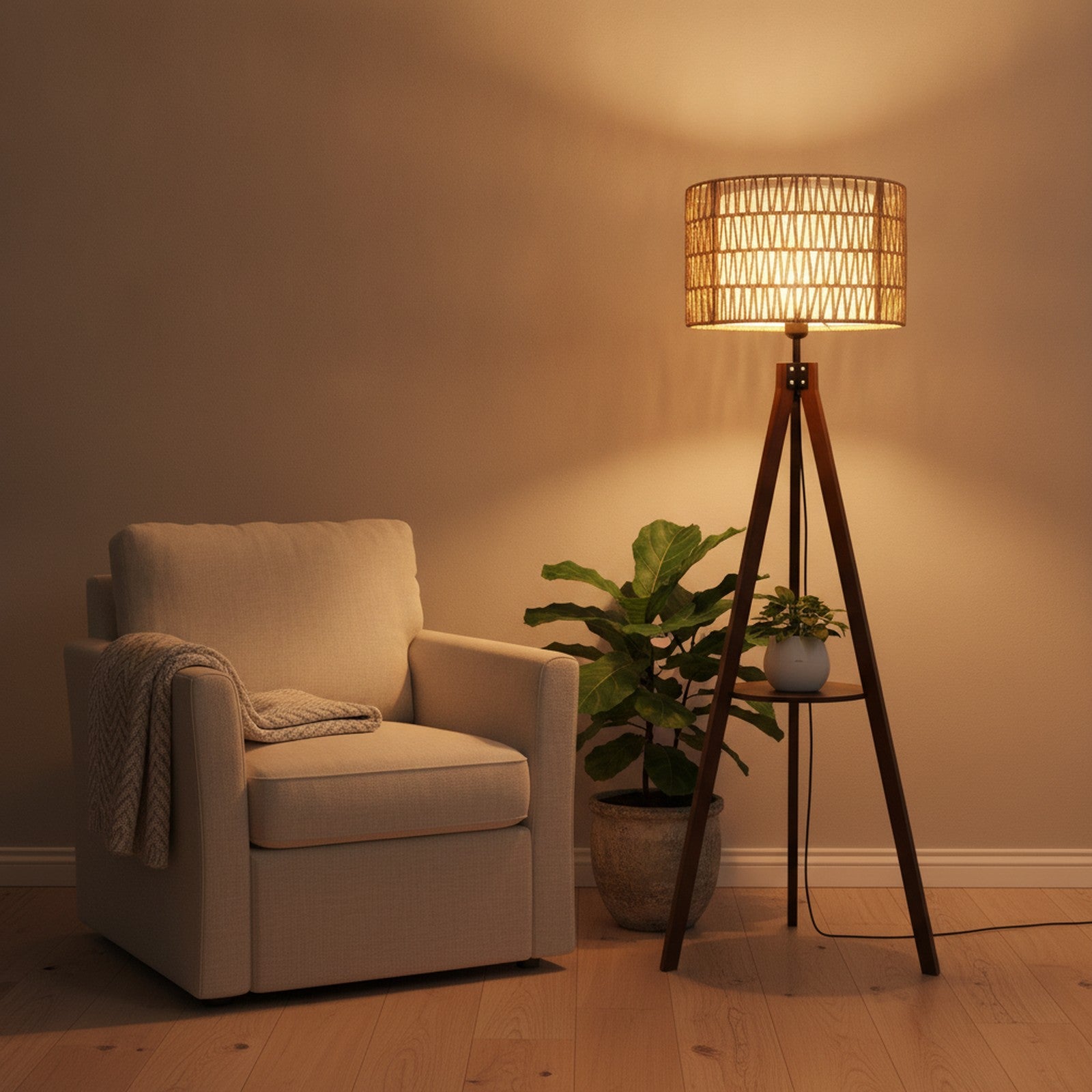 Boho Tripod Floor Lamp, Shelves, Rattan & Fabric Shades — styled — Maison Bruxelle