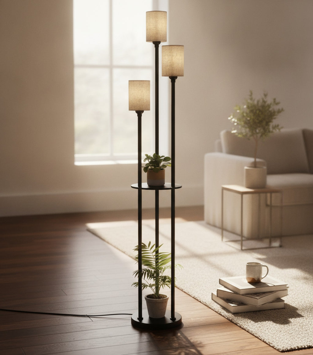 Modern Industrial 3-Light Floor Lamp with Shelves — detail — Maison Bruxelle